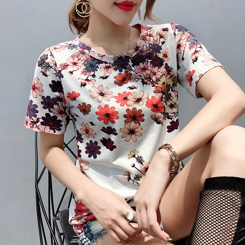 라쿤걸 여름 화려한 꽃무늬 프린트 여성반팔 티셔츠 NY218