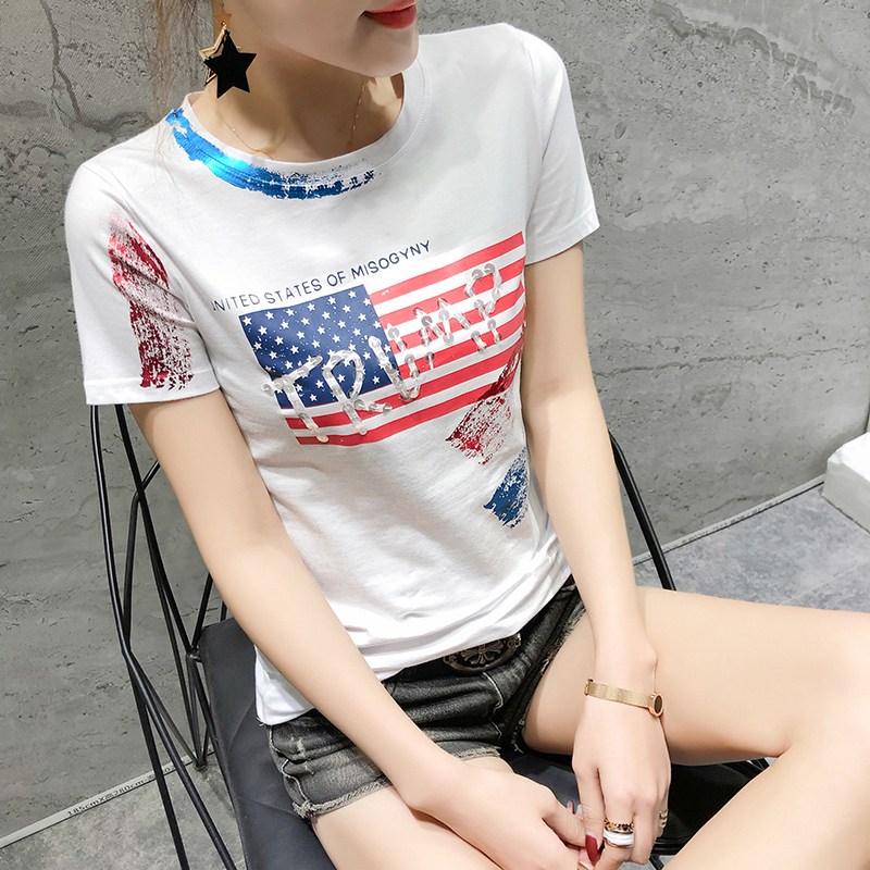 라쿤걸 블링 아메리카 트럼프 스팡글 슬림 반팔 티셔츠 NY357