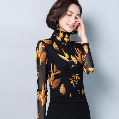 라쿤걸 가을꽃무늬터틀넥메쉬긴팔티셔츠 ST0263